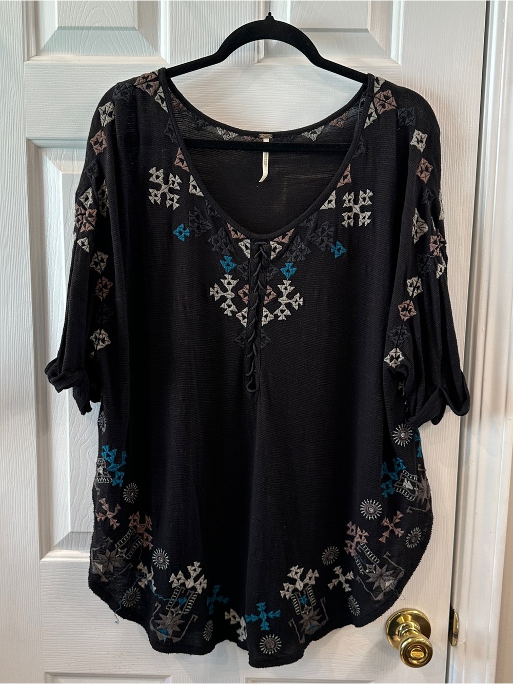 Free People Black Embroidered Lace-Up Tunic with Teal and Taupe Accents